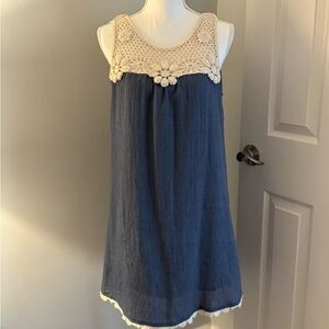 Hayden Los Angeles midi dress. Blue w/crochet top & bottom. A Line Size Medium
